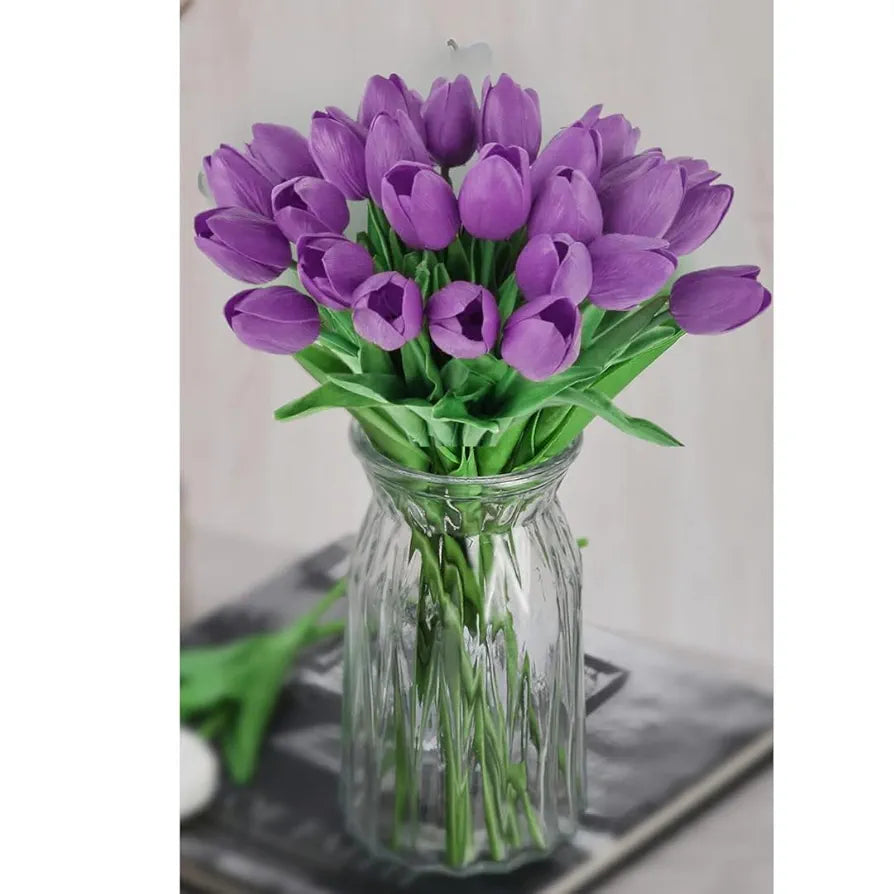 VERVENIX 5 Pcs Artificial Tulip Lily Flowers for Vase – Home Décor, Living Room, Bedroom, Party & Wedding Decoration Items Grape Voilet, Fabric, Vase Not Included